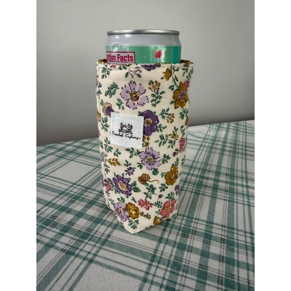 Freckled Fashions Floral Sewing Print Quilted Slim Can Sleeve Beverage Cozy